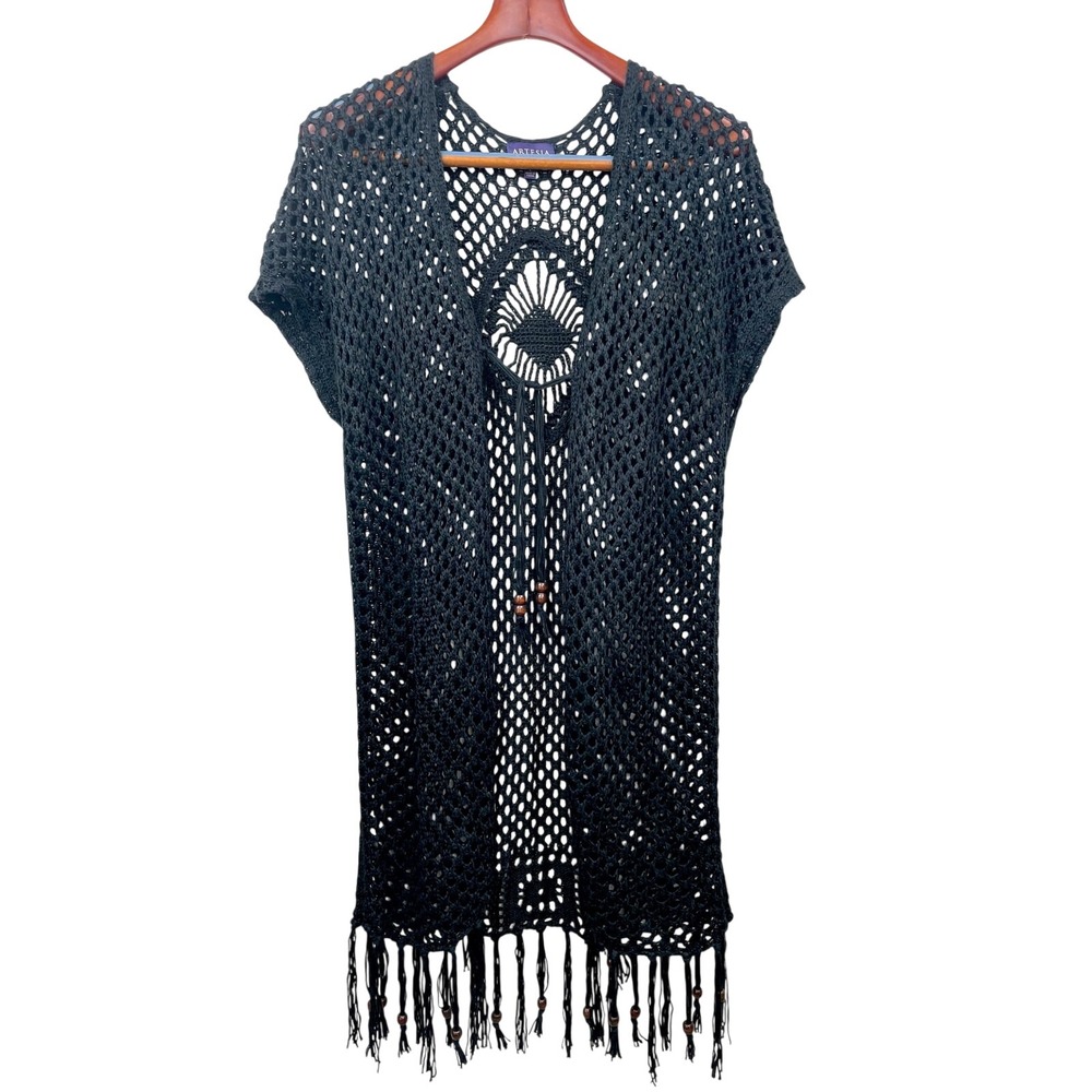 Kimono Sz L Crochet Fairy Fringe Whimsigoth Festival Boho Open Knit Cover Up